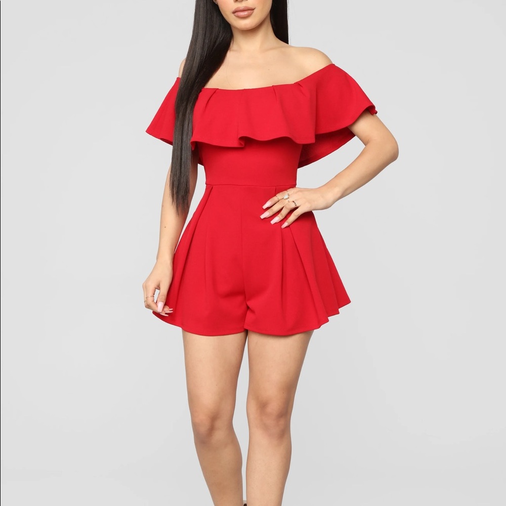 Red off shoulder romper